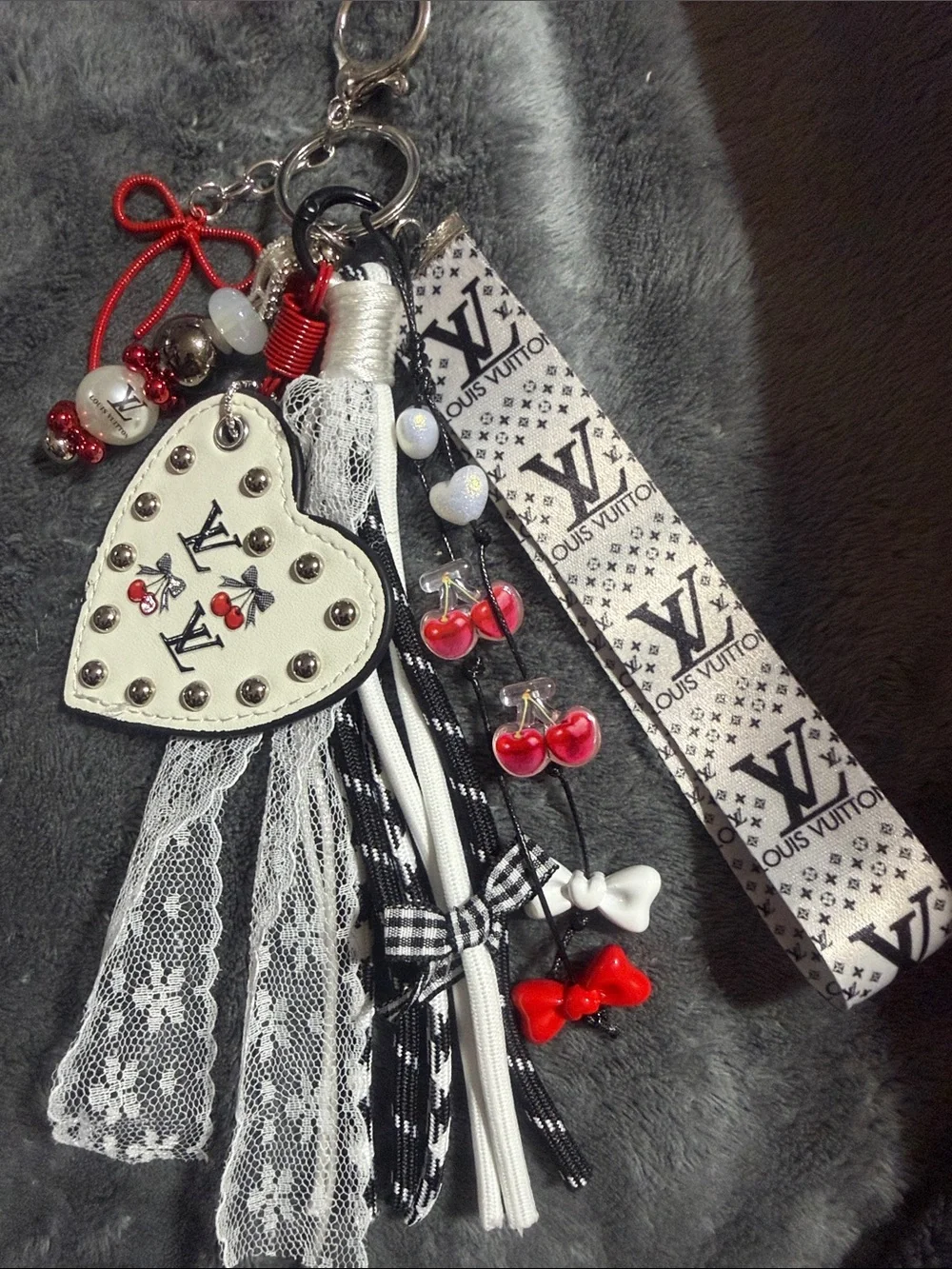 Black, Red & White Cherry Heart Keychain with Charms.